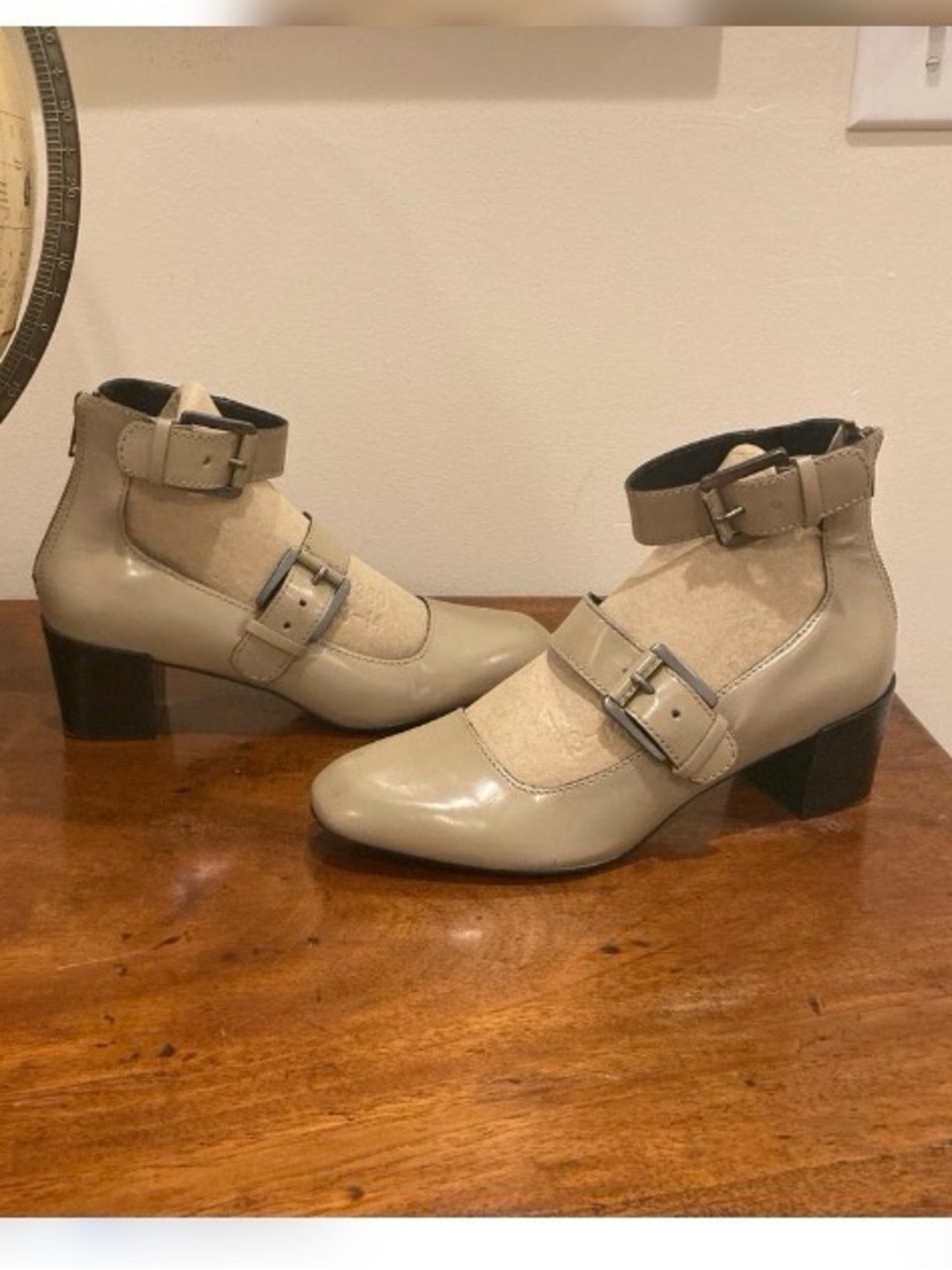 Women's Beige Ankle Strap Block Heel Shoes